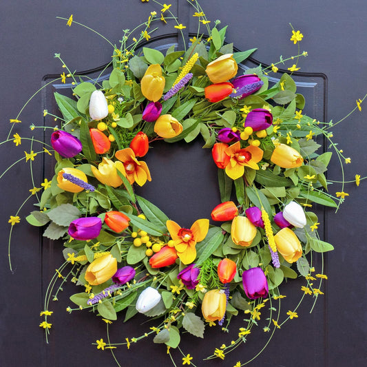 Spring Wreaths for Front Door 24 Inch,Spring Summer Wreath with Colorful Tulip,Eucalyptus and Ferns,Tulip Wreath for Indoor Outdoor Farmhouse Home Porch Wall Decor