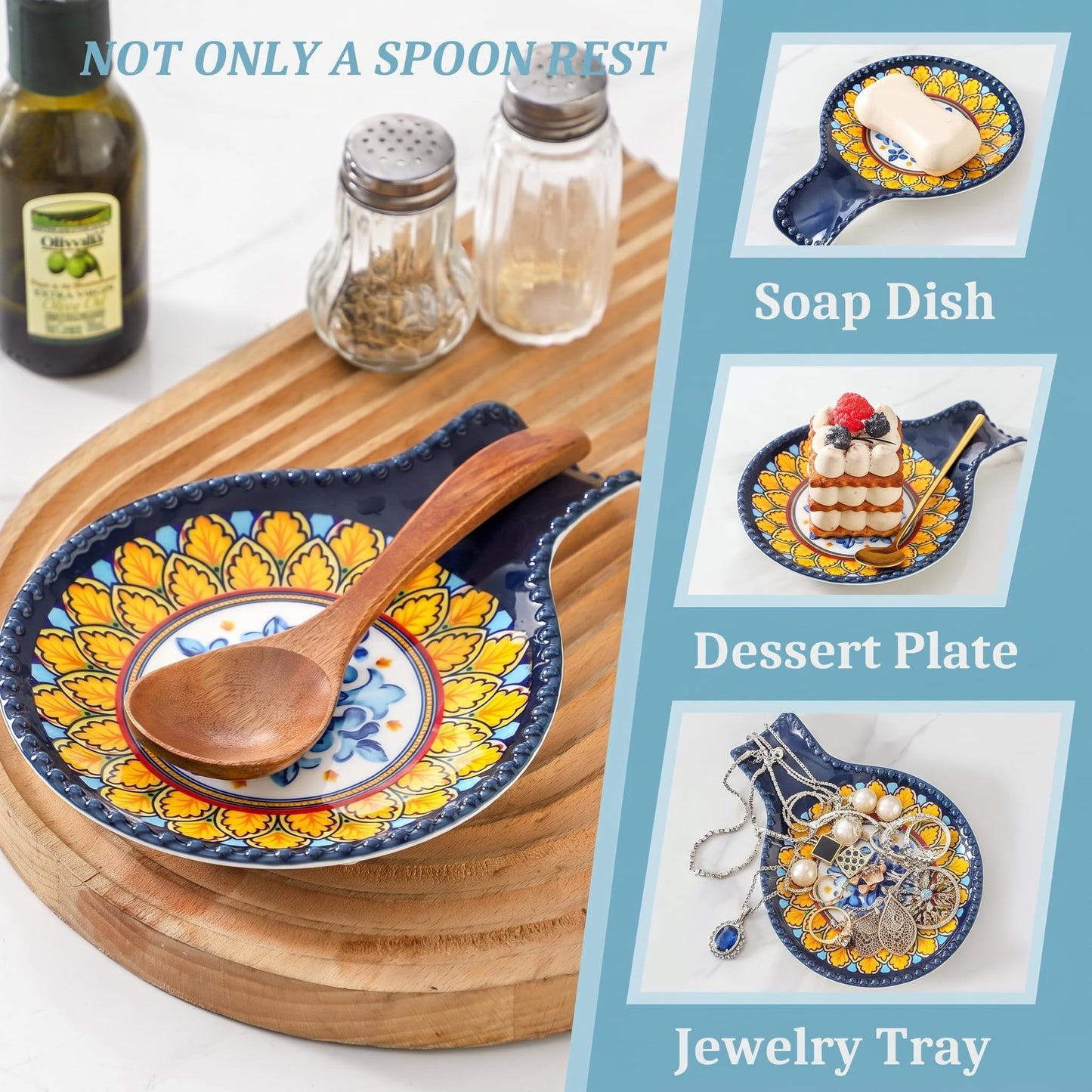 JINGUS Spoon Rest for Stove Top, 7.7 Inch Spoon Holder, Ceramic Blue Kitchen Spoon Rest for Spatula, Tongs or Decorations, Bohemian Large Ladle Holder for Gift, Heat-Resistant,Dishwasher Safe