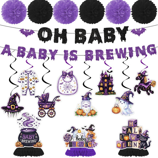 Deorfuy Halloween Baby Shower Decorations, 16PCS a Baby is Brewing Banners with Hanging Swirls Decorations, Halloween Gender Reveal Honeycomb Centerpieces and Paper Poms Decor Supplies Black Pink