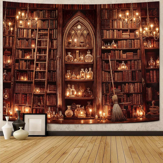 Accnicc Vintage Bookshelf Tapestry Medieval Wall Tapestry for Bedroom Aesthetic Art Fantasy Fairy Potion Library Book Brown Large Tapestries Wall Hanging for Dorm Living Room Decor 80 × 60 Inch