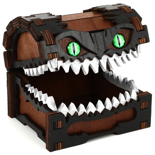 JULEASEL Mimic Dice Box – Wooden Monster Treasure Chest with Teeth & Green Eyes, Halloween Desk Decor Creepy Box, Funny Dice Storage for Tabletop RPG & Fantasy Games (Grimjaw)