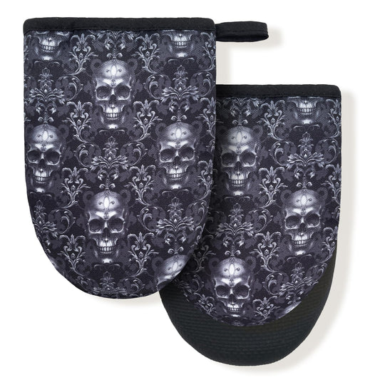 Black Gothic Skull Goth Skeleton Flower Mini Silicone Oven Mitts, Heat Slip Resistant Kitchen Gloves 2-Pack Set, Soft Short Small Oven Mittens Pot Holders for Baking Grilling Barbecue Microwave Gift