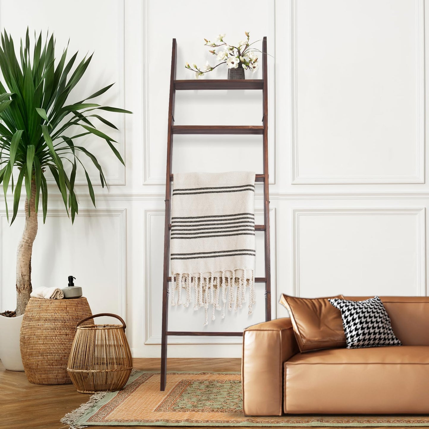 HYBDAMAI Blanket Ladder, 6-Tier Wooden Quilt Stand, Decorative Ladder Shelf, Leaning Shelf, Wall Leaning Blanket Ladder Towel Storage Rack for Living Room (Brown)