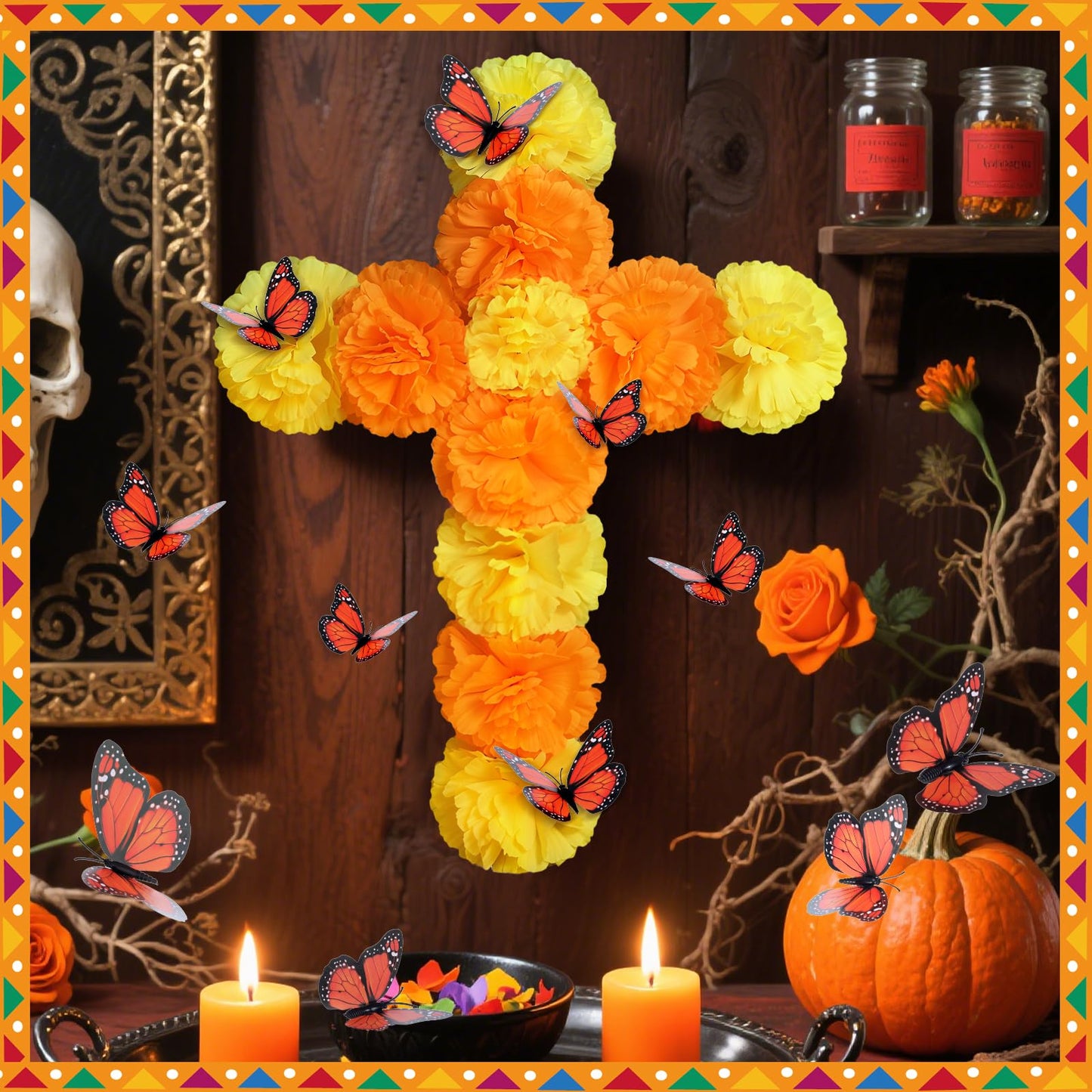 Ofrenda Decorations for Altar 17 x 13 Dia De Los Muertos Decorations Day of the Dead Decoration Marigold Mexican Cross with Artificial Butterflies Wall Decor Sign for Dia De Los Muertos Diwali