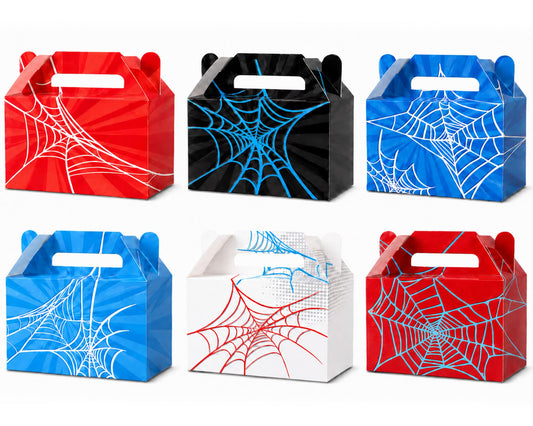 24Pcs Spider Party Favors Boxes Spider Web Paper Treat Box Birthday Supplies Red Blue Black Color Goodie Gift Boxes for Kid Boy Birthday Baby Shower Game Party Table Decoration 6 x 3.5 x 3 inches
