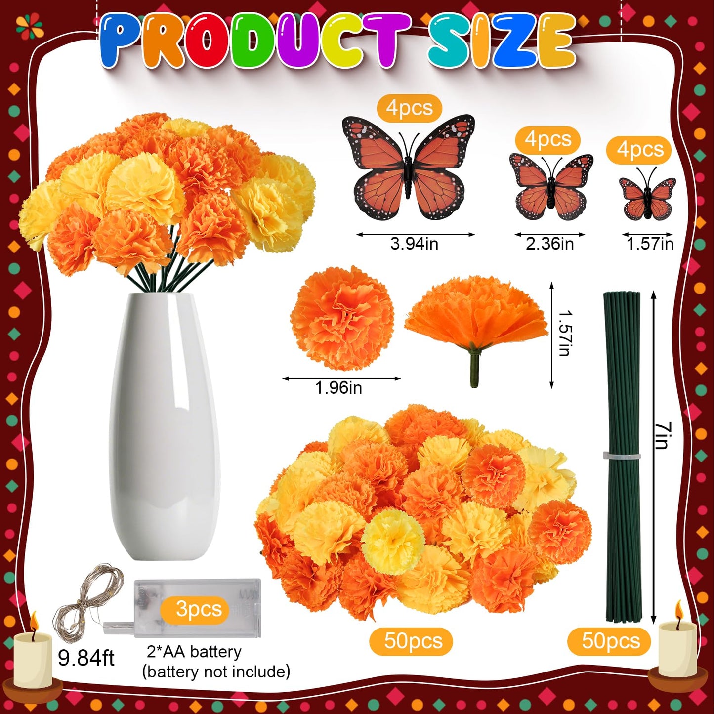 133Pcs Day of The Dead Decorations with 9 Mexican Banner Papel Picado,2 Lighted Artificial Marigold Garland,50 Marigold Flowers with 50 Stems,7 Paper Pom Poms,12 Butterfly for Dia De Los Muertos Decor