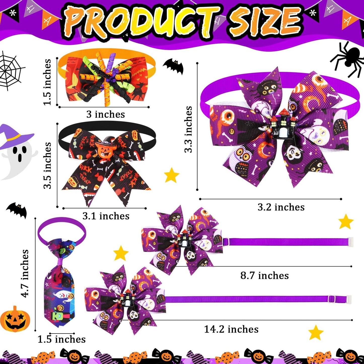 Huhumy 100 Pcs Halloween Dog Bow Tie Collar Bulk Pet Bow Tie Adjustable Dog Bowties Neckties Collars for Small Medium Pet Supply(Halloween)
