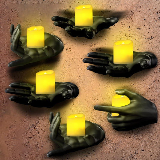 Menkxi 12 Pcs Halloween Wall Mounted Creepy Reaching Hands with Lighted Candles Halloween Decorations 6 Life Sized Horror Hands 6 LED Candles Candle Holder for Gothic Wall Indoor Decorations