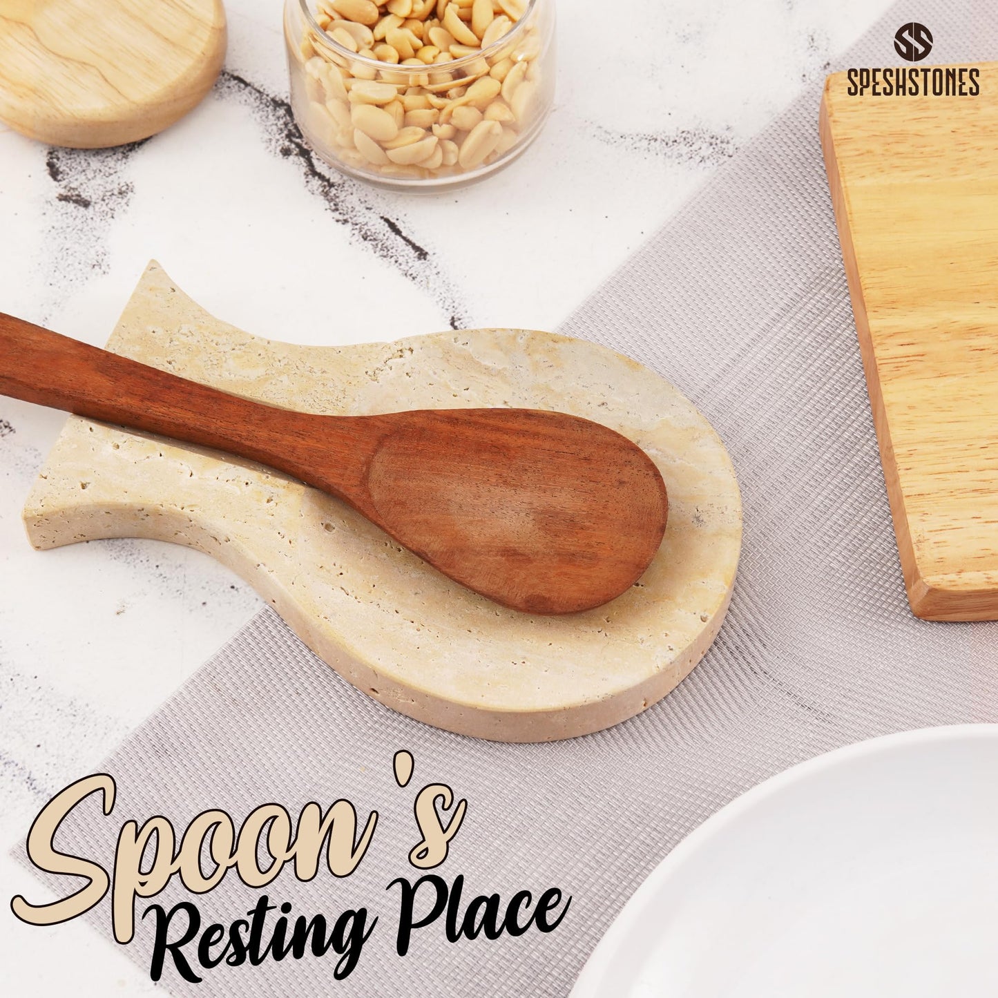 SPESHSTONES Marble Spoon Rest 8'' Inches Travertine Marble Spatula Fork Ladle Handmade Utensil Rest Keeper - Cooking Spoon Organizer - Stove Top Chef Kitchen Tool Spoon Holder