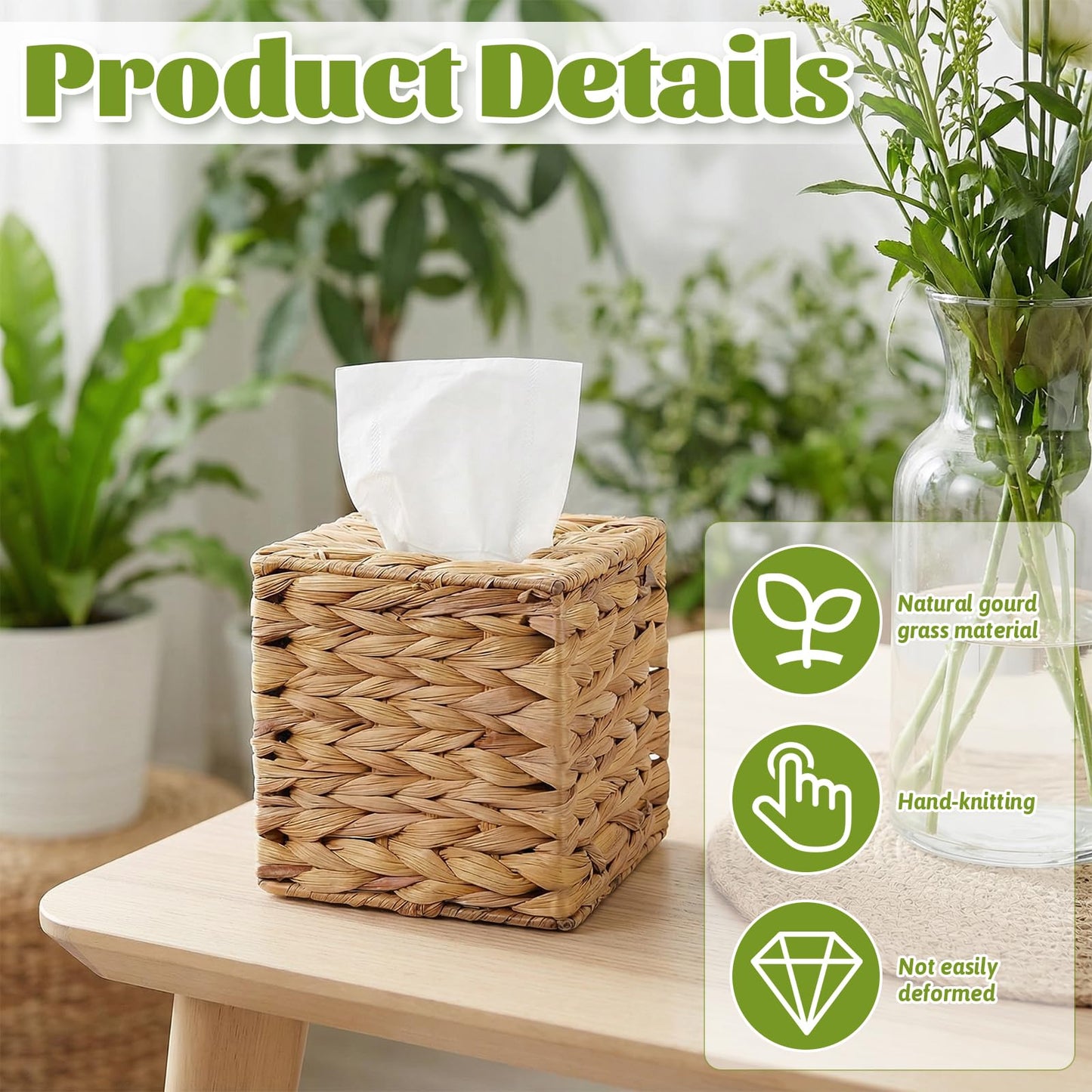 2 Pack Water Hyacinth Tissue Box Holder, Hand Woven Square Tissue Box Cover, Natural Handmade Napkin Boxes Holder, Rustic Decorative Tissues Cover for Table, Bathroom, 5.9 inch