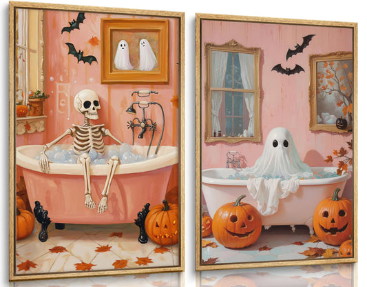 2Pcs Halloween Ghosts Canvas Wall Art Skeletons and ghosts in the bathtub Wall Decor Pictures Vintage pink Fall Pumpkins Posters Prints for Bathroom Gallery Home Decor Unframed