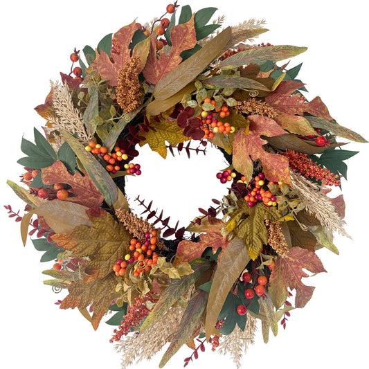 HipTree 20 Inch Fall Wreath for Front Door, Artificial Autumn Wreath with Maple Leaves Berries Wheat Grass, Fall Decorations for Home, Harvest Thanksgiving Decor for Porch Wall Indoor Outdoor