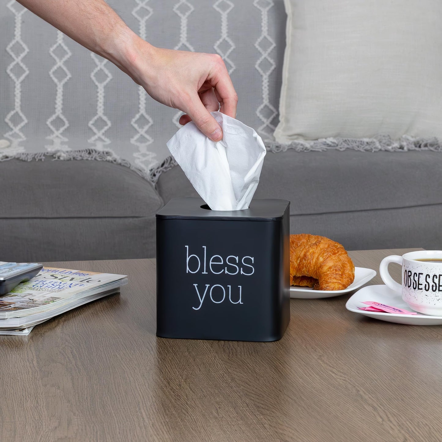 AuldHome Design Square Tissue Box Cover (Black); Modern Farmhouse Enamelware Tissue Holder