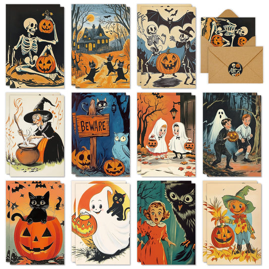 Whaline 33 Pack Halloween Cards Vintage Cartoon Greeting Cards with Envelopes Stickers Glue Stick Blank Note Card for Party Invitations, 4 x 6 Inch