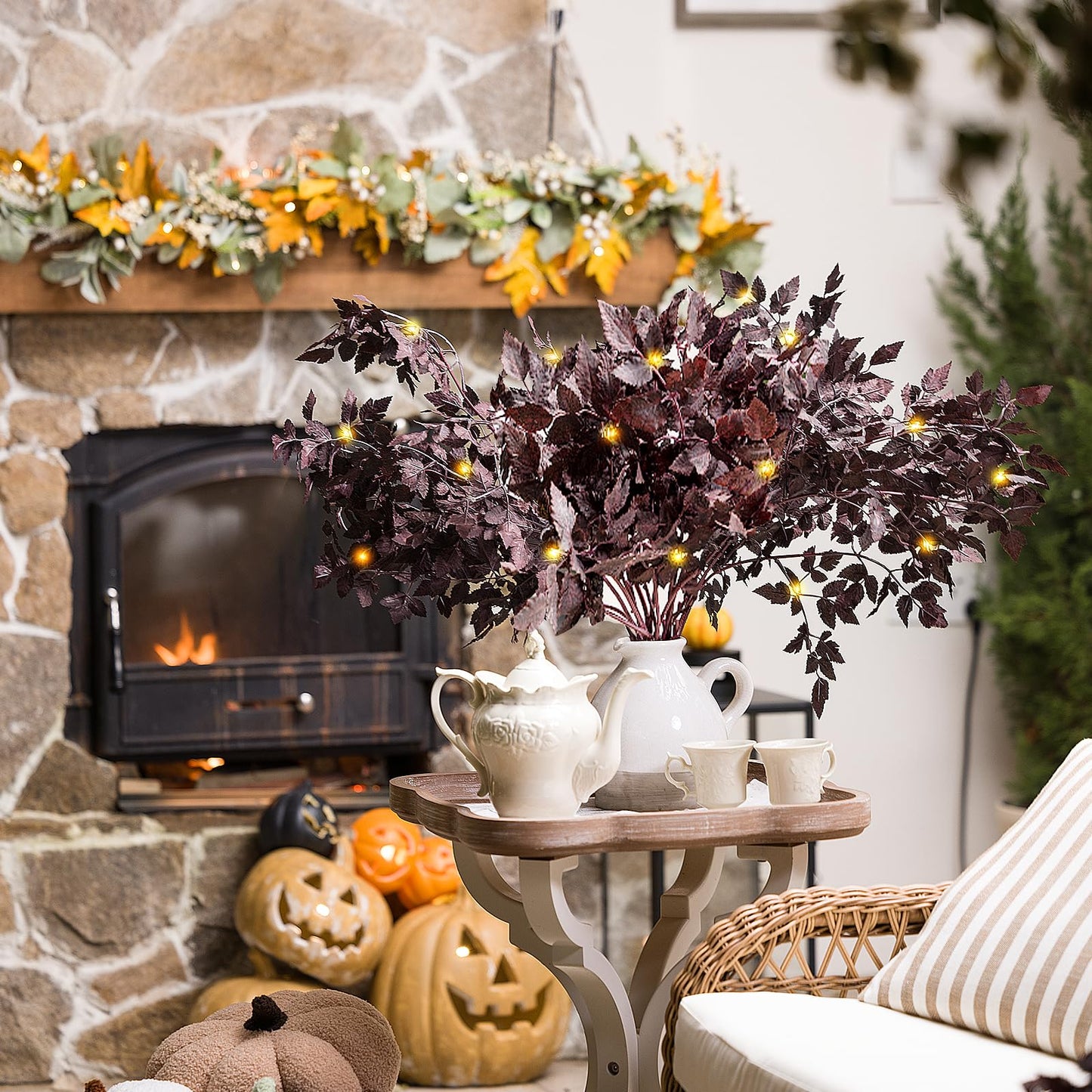 IGERI Set of 9 Plum Faux Fall Cimicifuga Stems for Vases Floral Decor Ramosa Leaves Branches Foliage Stem with Branch Lights (32 Inch)