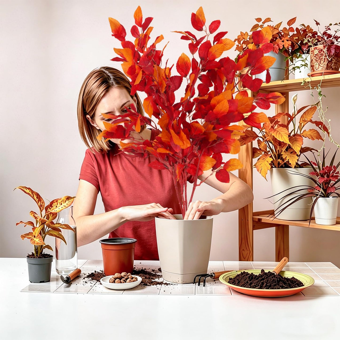 RECUTMS Artificial Fall Beech Leaf Stems 4Pcs 39Inch Fake Fall Foliage Branches Faux Autumn Leaves Long Greenery Stems for Tall Vase Thanksgiving Halloween Festival Harvest Home Decor(Sunset Red)