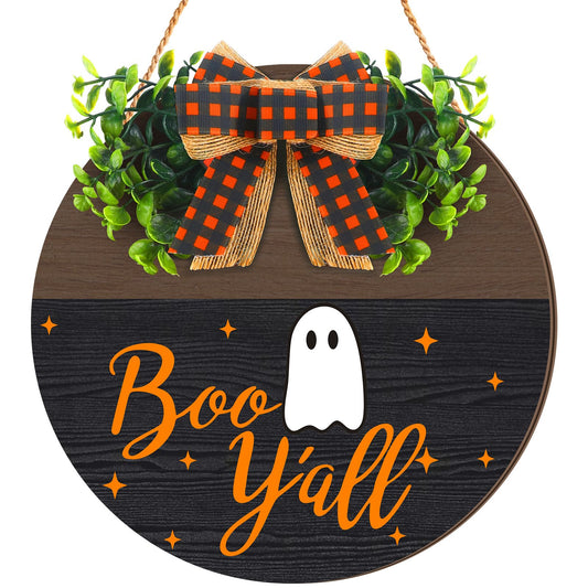 Moucuny Halloween Sign for Front Door Halloween Wooden Hanging Sign Boo Ghost Sign with Bow Halloween Door Wreath Hanger for Front Porch Outdoor Home Wall Decor