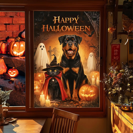 HOMETITUTE Halloween Window Film 24x36 Inch PVC Rottweiler Window Decal and Black Cat Window Sticker with Pumpkin Ghost Bat Design for Glass Halloween Glass Decoration Home