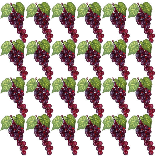 Wavyknot 24 Pcs Artificial Grape Rubber Fake Grapes Bunches with Vines Leaves Faux Lifelike Fruits Ornament for Wedding Outdoor Decoration Garden Home(Purple)