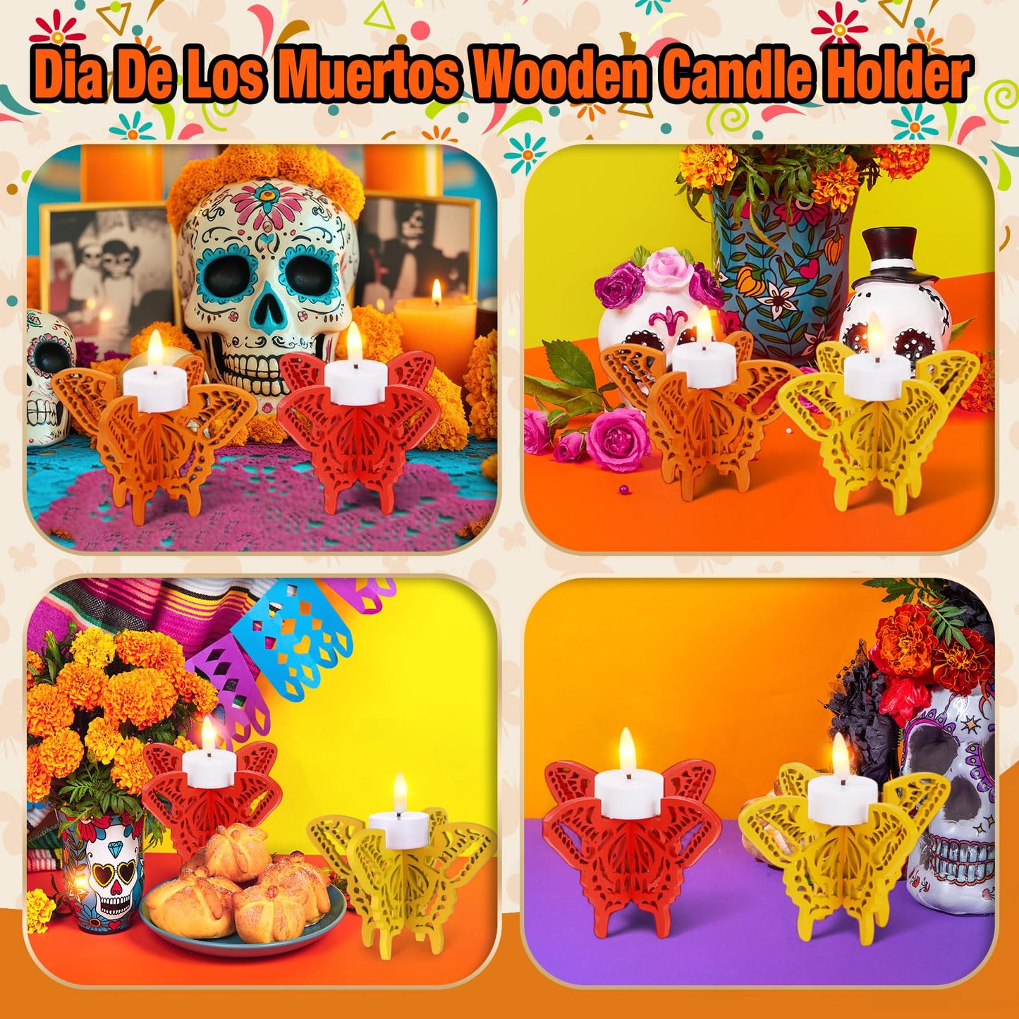 6 Pcs Day of The Dead Hollow Wooden Butterfly Candle Holder Dia De Los MuertosTable Centerpiece for Home Tabletop Decor Mexican Party Day of The Dead Altar Decorations Halloween Party Favors
