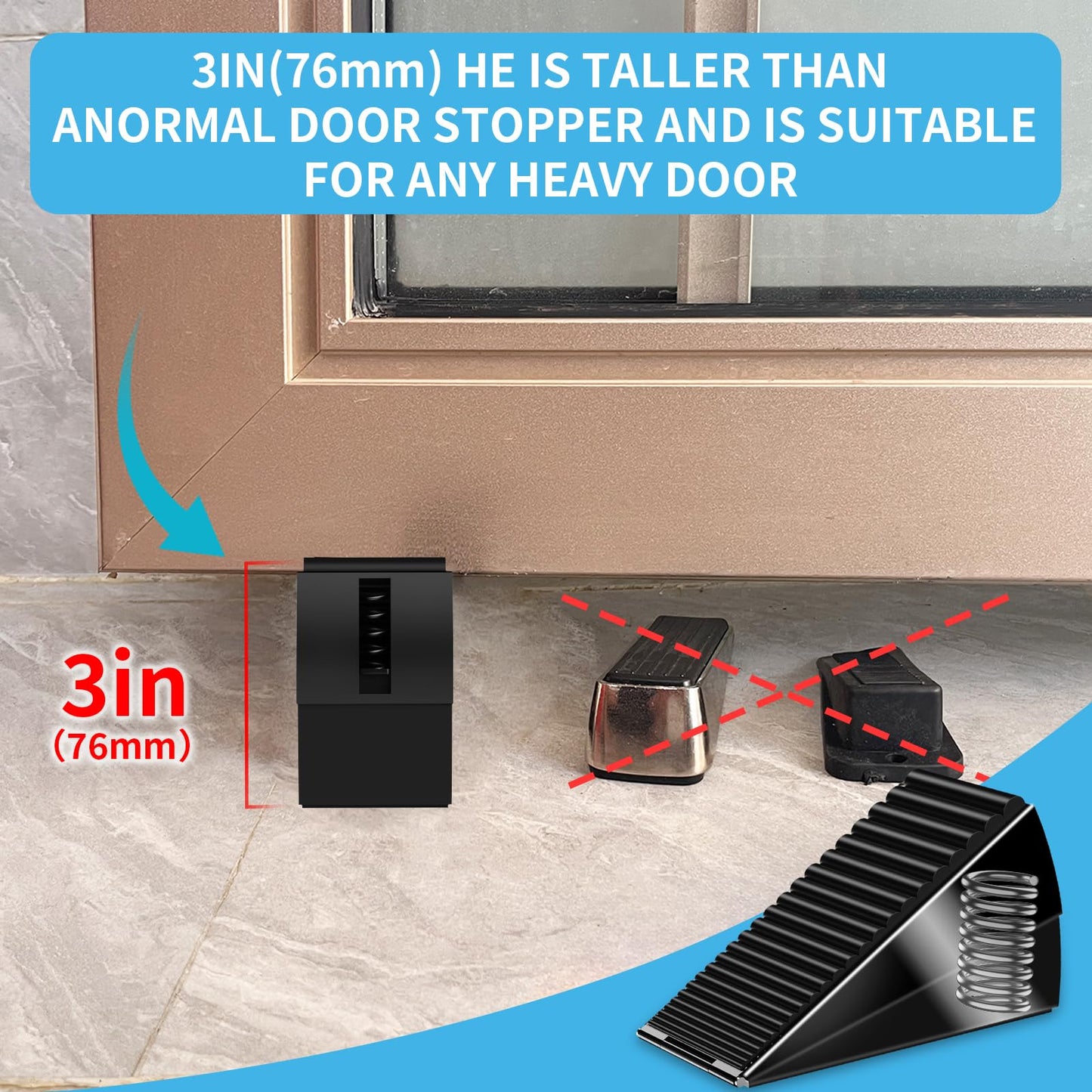 AIMAXINKE Door Stoppers for Bottom of Door- Large Spring Heavy Duty Door Stop Wedge, 3'' High Adjustable Metal Tall Doorstop, Strongest Rubber Grip, Suits Carpet, Tile, Home, School +2 Wall Protectors