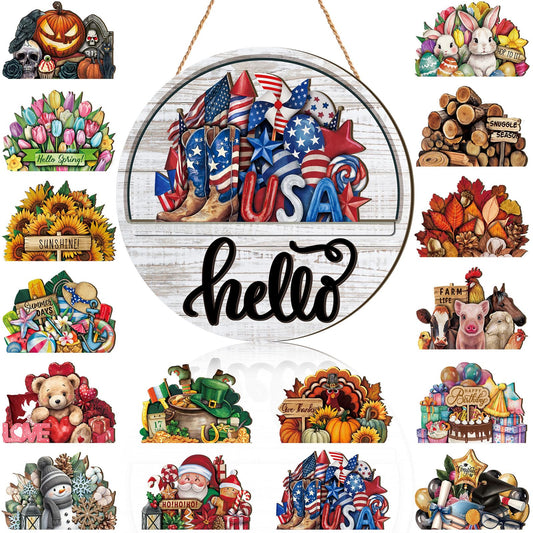 Yousoontic 17 Pcs 12 Inch Interchangeable Welcome Sign for Front Door Wood Seasonal Magnetic Icon Holiday Wreath Decor Rustic Hanging Sign for Patriotic Home Warming Gift(Lovely Color,Hello)