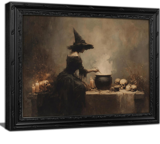 KKP Black Framed Vintage Witch Stirring Cauldron Skull Candle Wall Art