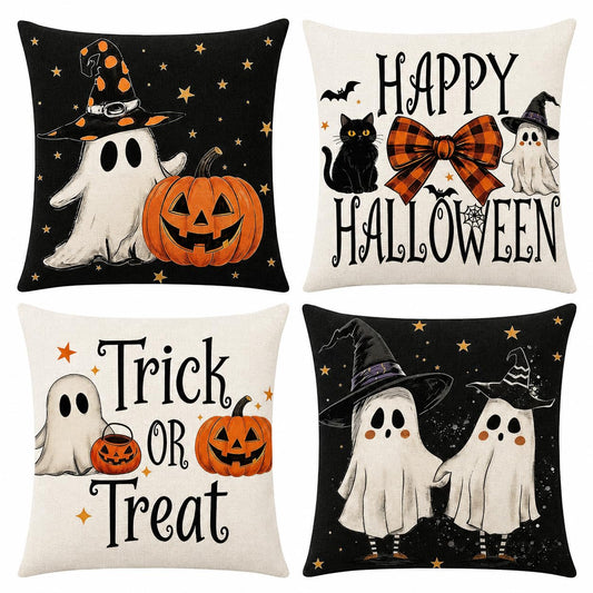 Ditother Halloween Pillow Covers 16x16 Set of 4, Spooky Ghost Pumpkin Black Cat Decorations for Home, Vintage Throw Pillow Covers for Couch Sofa, Fall and Halloween Decorations