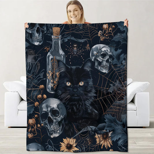 Goth Skull Blanket for Boys Kids Men Women, Flannel Skeleton Blankets Gifts, Halloween Black Cat Skull Throw Blanket for Sofa Couch Bed Living Room Soft Warm Cozy Gothic Decor 60" x 50"