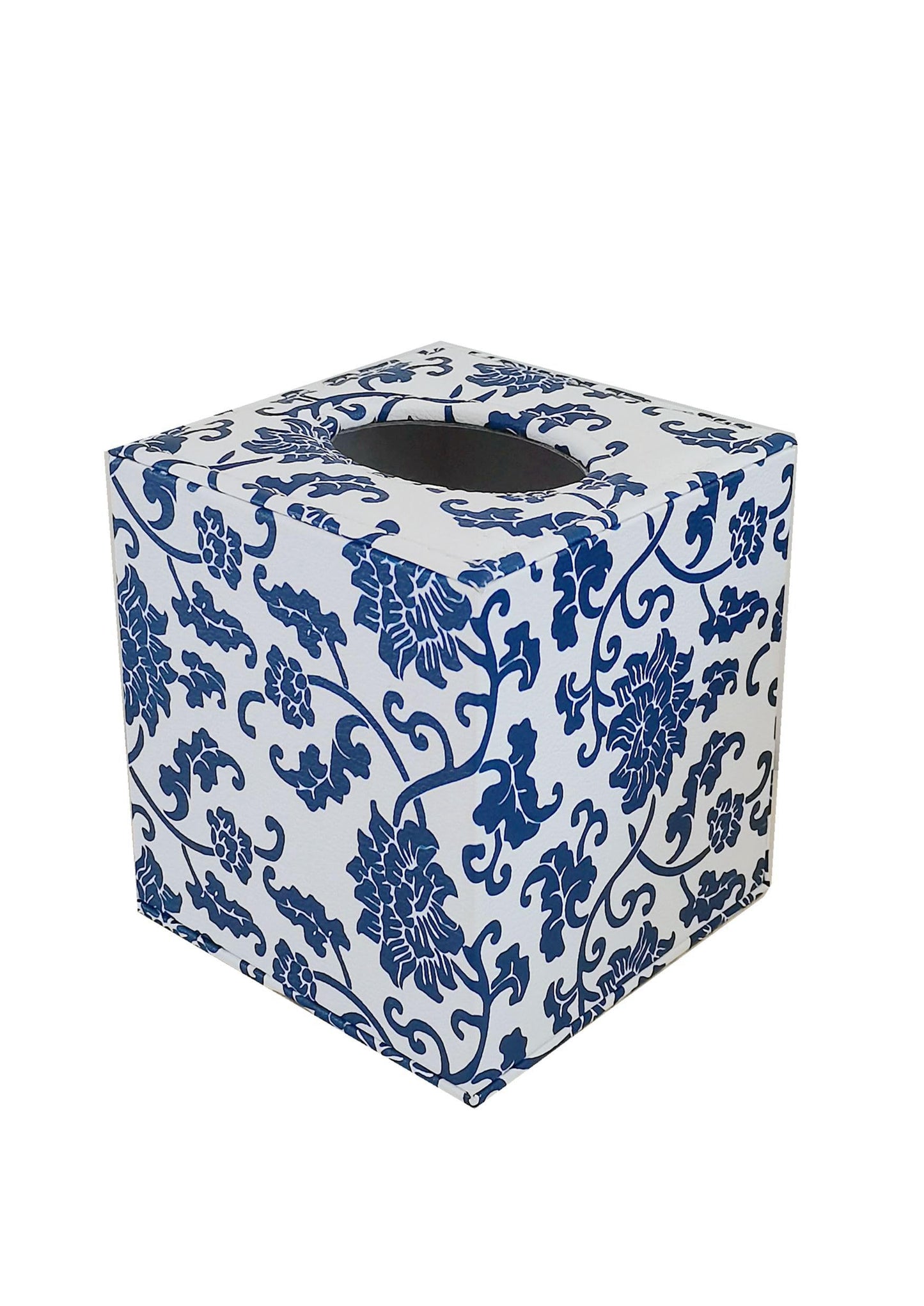 S Forever Home Decor Flower Pattern Faux Leather Tissue Box Cover (Square,Blue and White Porcelain)