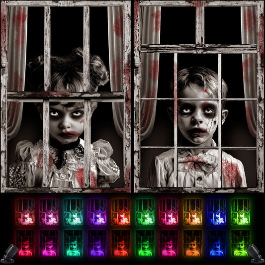 Tingjoo 2 Pcs Scary Halloween Ghost Curtain with Spot Lights Halloween Window Silhouette Decoration Cover for Indoor Outdoor Party Door Decor(Horror)