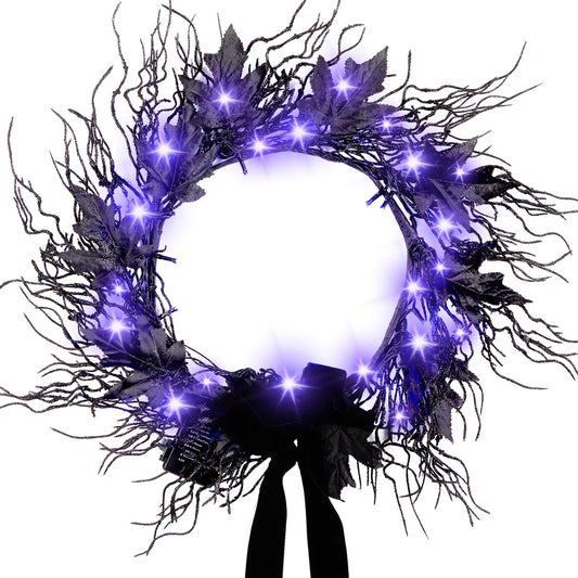 JORNOY 16inch LED Halloween Wreath with Battery Timer - Black Artificial Leaves&Silk Ribbon Decor Hanging for Front Door, Mantel, Porch, Wall, Party Decorations