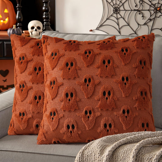 decorUhome Fall Halloween Ghost Pillow Covers 18x18 Inch Pack of 2 Soft Plush Faux Wool Textured Throw Pillow Covers Cute 3D Ghost Decorative Cushion Cases for Couch Sofa Bedroom Home Decor, Rust