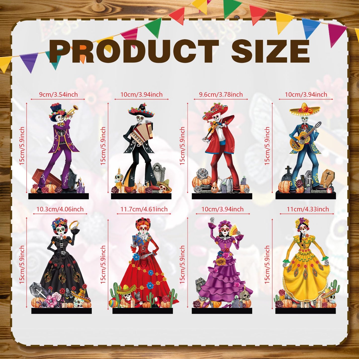 Amyhill 8 Pcs Day of The Dead Table Decorations Dia De Los Muertos Altar Wooden Centerpiece Dancing Couple Sugar Skull Decor Day of The Dead Decor Mexican Tabletop Detachable Sign for Halloween Party