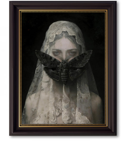 zaczdr Vintage Framed Veiled Woman with Moth Wall Art, Dark Academia Victorian Gothic Canvas Print, Moody Occult Aesthetic Decor for Living Room & Bedroom, 12x16 Inch