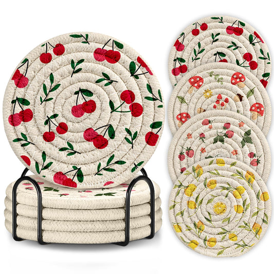 Kokaaee Drink Coasters Set of 4 - Cute Absorbent Cup Coasters for Drinks Coffee Table Office Home Desk Decor Soft Woven Cotton Cloth Braided Fabric Drinking Cup Mat with Holder Mushroom Cherry Fruit
