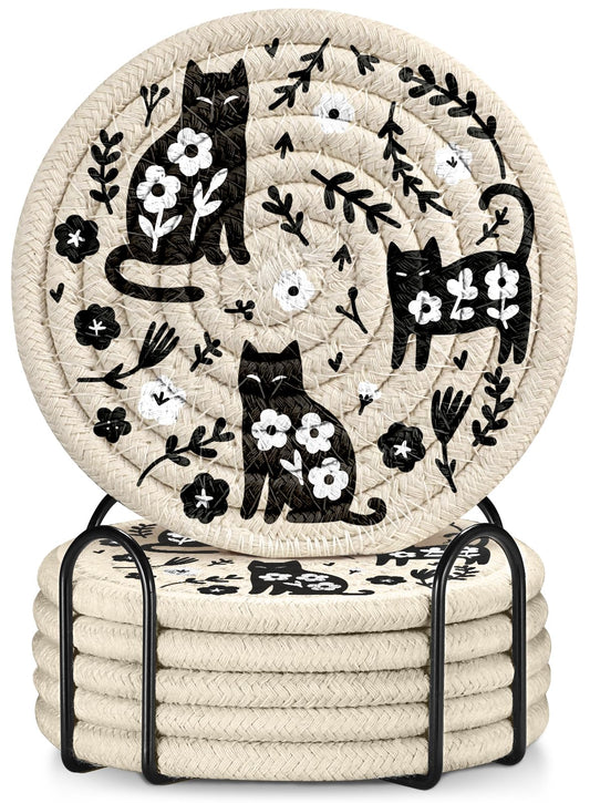 Kokaaee Cup Coasters for Drinks Absorbent - for Coffee Wooden Table Office Home Farmhouse Outdoor Rustic Desk Cup Mat Soft Woven Cloth Braided Fabric Cute Flower Cat Coaster Set of 6 with Holder