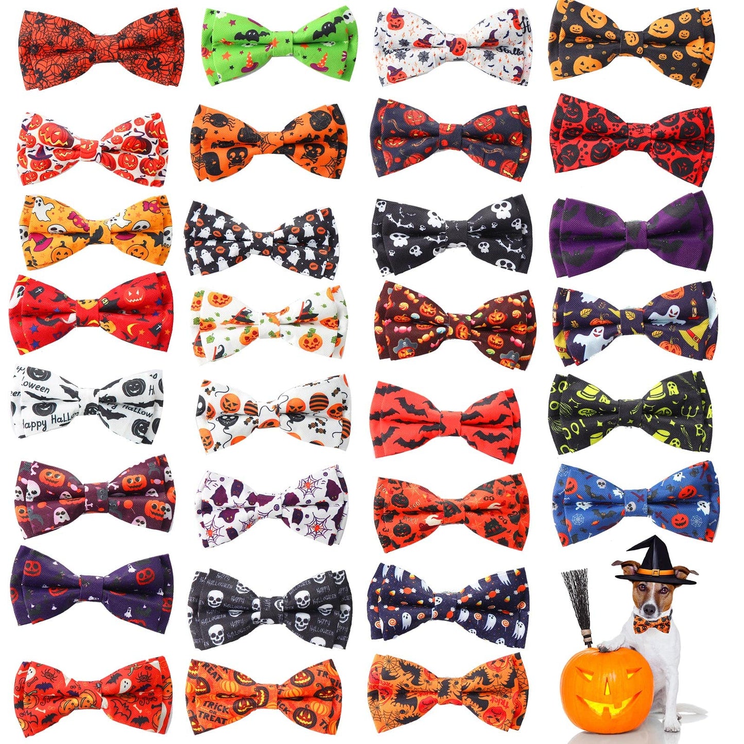 30 Pieces Halloween Fall Dog Bow Ties Slide Dog Collar Bow Ties Dog Collar Attachment with Elastic Bands Halloween Pet Bow Ties Dog Collar Grooming Accessories Holiday Costume Cosplay Pumpkin Ghost