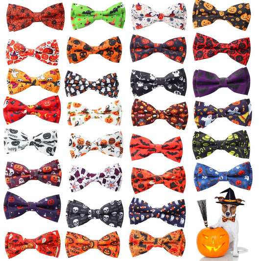 30 Pieces Halloween Fall Dog Bow Ties Slide Dog Collar Bow Ties Dog Collar Attachment with Elastic Bands Halloween Pet Bow Ties Dog Collar Grooming Accessories Holiday Costume Cosplay Pumpkin Ghost