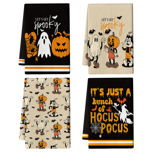 Pintukee Halloween Kitchen Dish Towels Set of 4, Absorbent Spooky Ghost Boo Pumpkin Hand Towels Funny Halloween Kitchen Drying Dishcloth for Home Party Decor Housewarming Gift 16x24 Inch