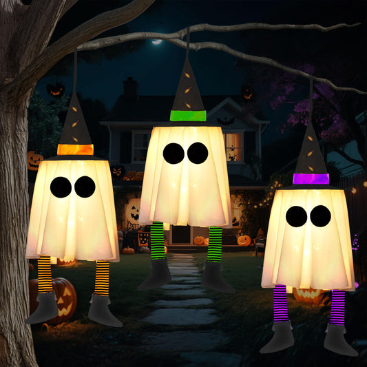 JOYIN 23.6'' 3PCS Halloween Hanging Ghosts Decorations Outdoor, Warm Light Up Ghosts Tree Decors with Witch Hats & Timer, Halloween Decorations for Yard Patio Garden Outside Haunted House Party