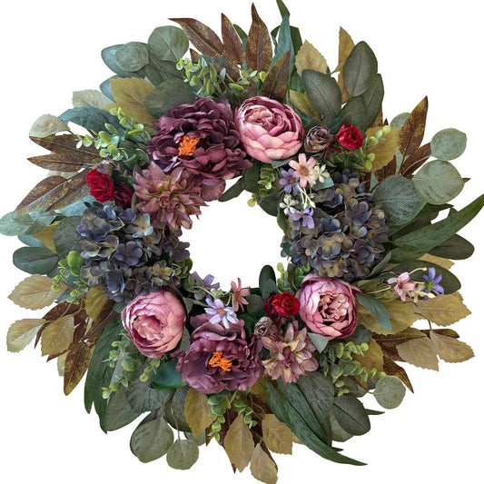 WANNA-CUL 24 Inch Spring Wreaths for Front Door Decor, Spring Front Door Wreath with Pink&Purple Peony Floral and Vintage Blue Hydrangea Flower for Wedding or Indoor&Outdoor Wreath Decoration