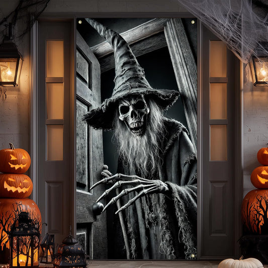 IVN Halloween Door Cover 71x35 Inch Holiday Front Porch Door Banners Decoration Creepy Skeleton Wizard with Hat for Sign Background Holiday Party Indoor Outdoor Decor Fall Door Cover