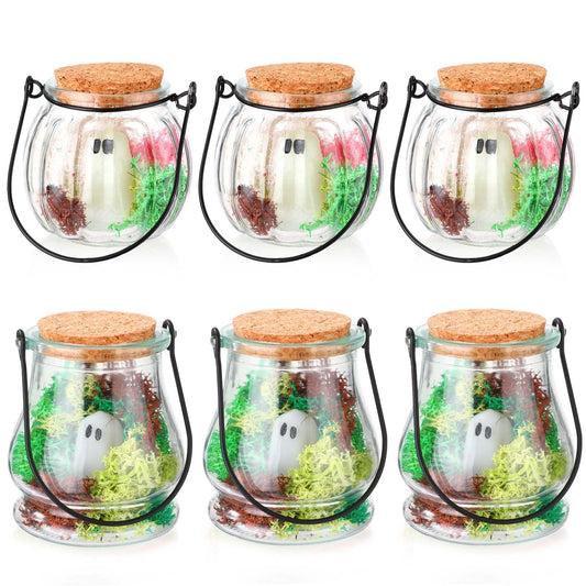 HyDren 6 Set Halloween Pet Ghost in a Jar Adopt a Ghost Glows in the Dark Pet in a Bottle with Moss Luminous Figurines in Glass Spooky Decor Creepy DIY Craft Gift Halloween Party Favor, 3.74 x 3.34In