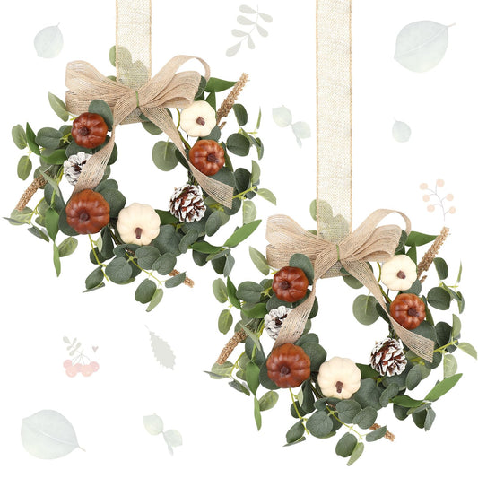 Syhood 2 Pcs 9" Mini Fall Wreath Small Pumpkin Cabinet Wreath Autumn Eucalyptus Decor with Rustic Bow for Fall Harvest Thanksgiving Porch Wall Window Decor(Eucalyptus Pumpkin Style)