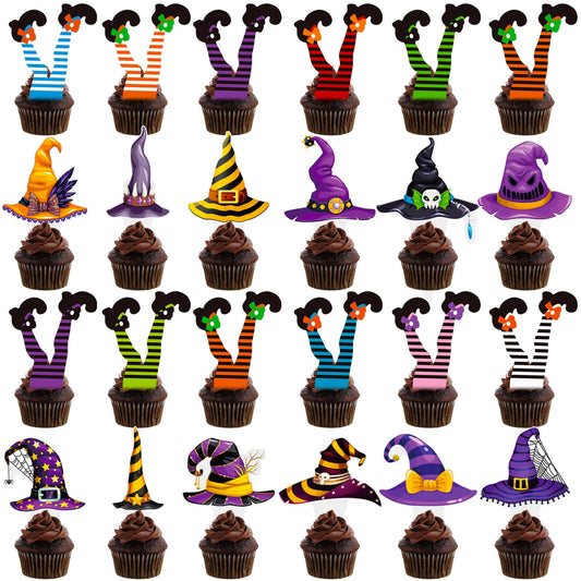 Halloween Party Decorations Witch Hat and Legs Cupcake Toppers 48PCS Witch Stocking Theme Cake Decorations Fantasy Hats Shoes Cupcake Picks for Magic Wizard Birthday Baby Shower Party Supplies