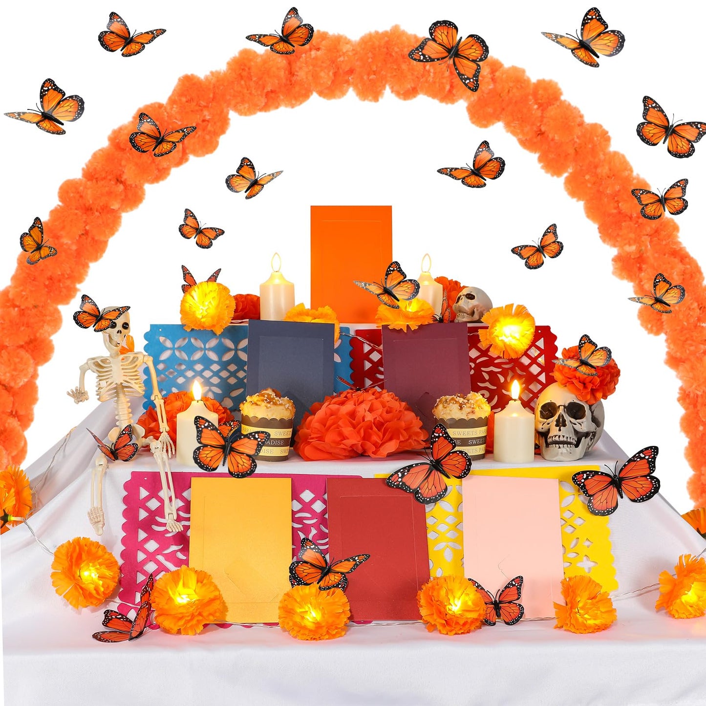 Suncalla 66 Pcs Day of the Dead Altar Set Marigold Flower Arch Dia De Muertos Tablecloth Flameless LED Candle Paper Fan Butterfly Mexican Papel Picado Banner Supplies(Classic,Multicolor)