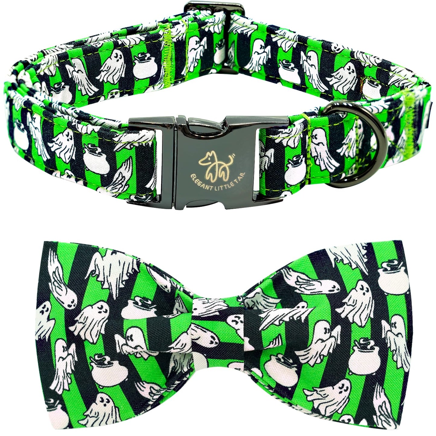 Elegant little tail Fall Dog Collar, Halloween Dog Collar Ghosts Pet Collars with Bowtie Metal Buckle Cotton Puppy Girls Boys Adjustable Pet Collars for Medium Dogs