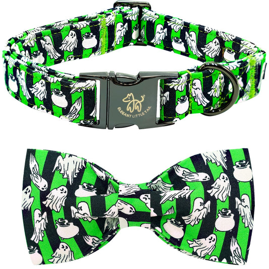 Elegant little tail Fall Dog Collar, Halloween Dog Collar Ghosts Pet Collars with Bowtie Metal Buckle Cotton Puppy Girls Boys Adjustable Pet Collars for Medium Dogs