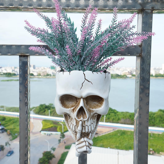Romehaha Skull Wall Planter,Skull Shaped Hanging Resin Planter Pot Home Decor Gift,Funny Design Flower Pot for Indoor Outdoor Plants,Skeleton Sculpture Decorations (White, Don't Speak)